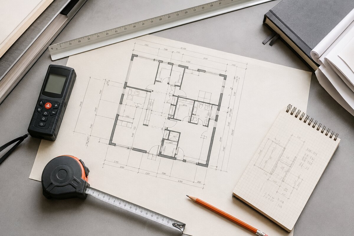 Residential floor plan with measuring tools used for as-built documentation