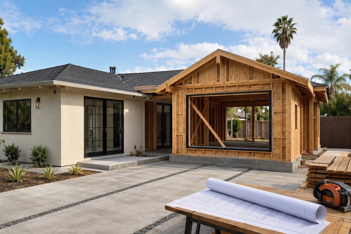 Existing home connected to a newly framed residential addition